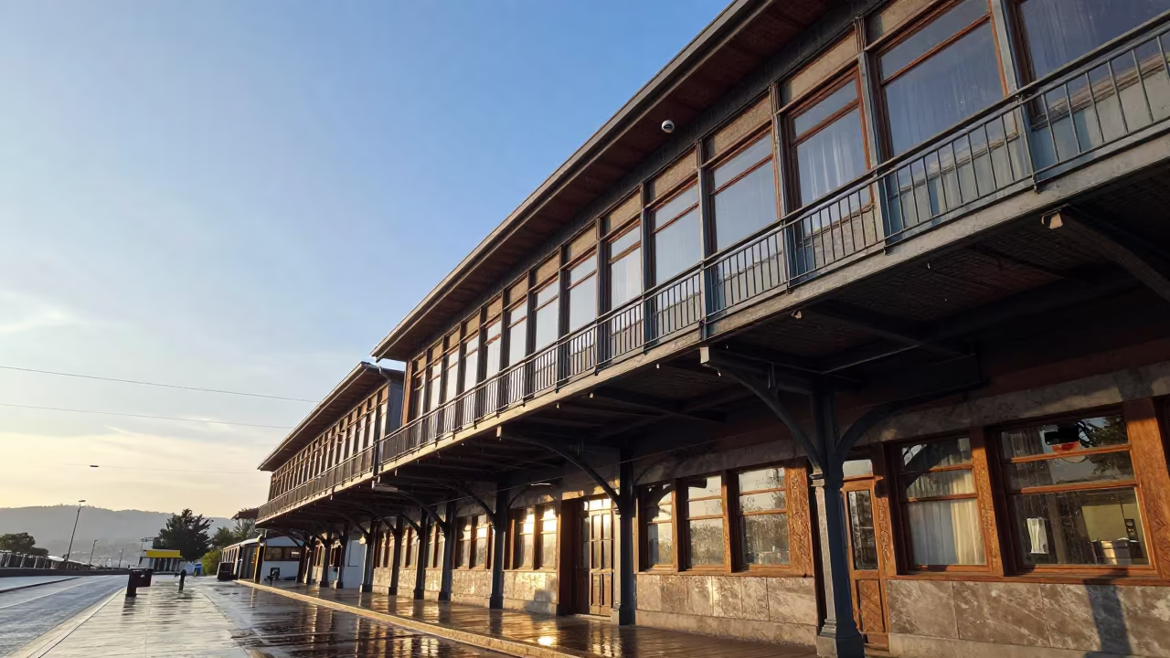 First Light on Cantilevered Balcony Near Tram Wires in inside a restored train terminal near Gölcük