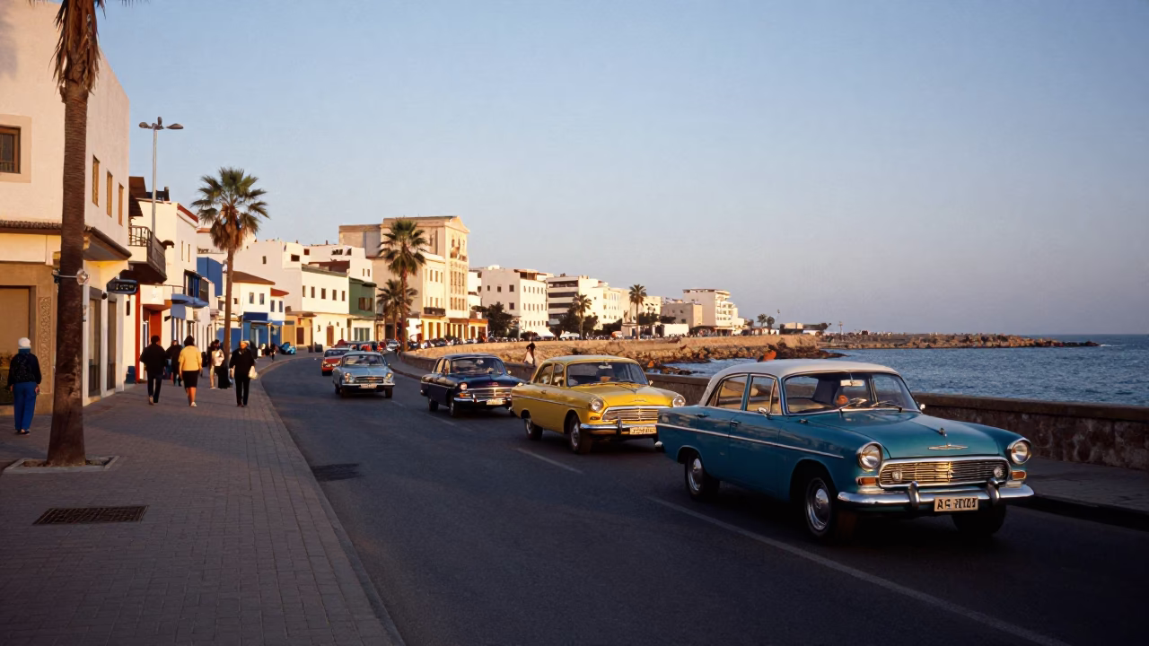 First Light Casablanca Morocco Vintage Car Rally Coastal Street Scene in in Casablanca, Morocco