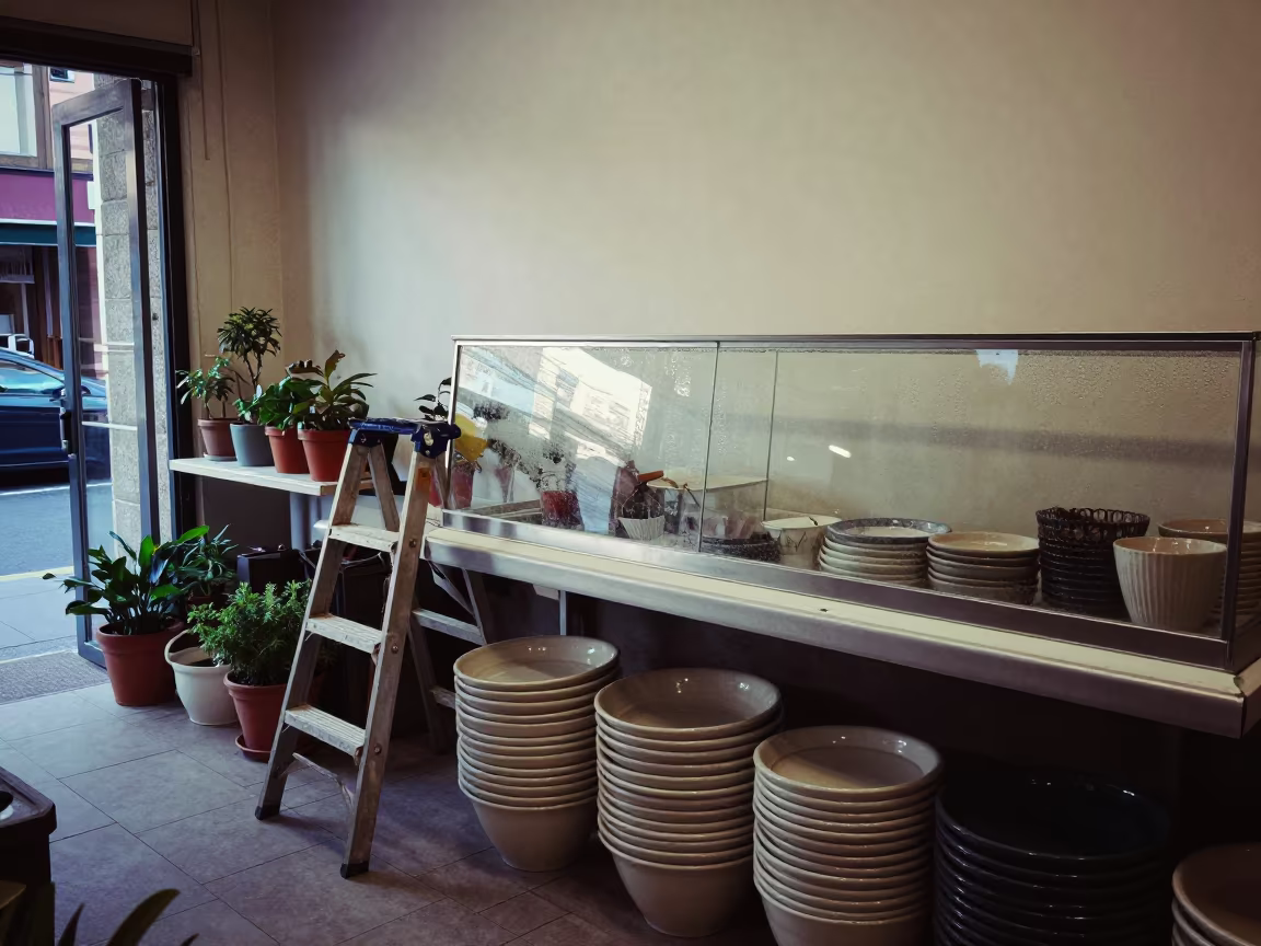 First Light Checkout with Ceramic Trays in inside a storefront prepared for opening in Stone Town