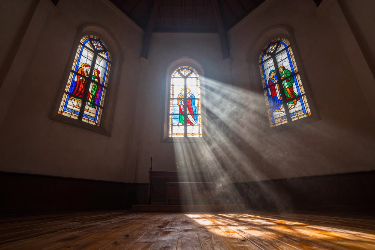 First Light in Damanhur Chapel Stained Glass Haze in in a chapel lit by stained glass in Damanhur