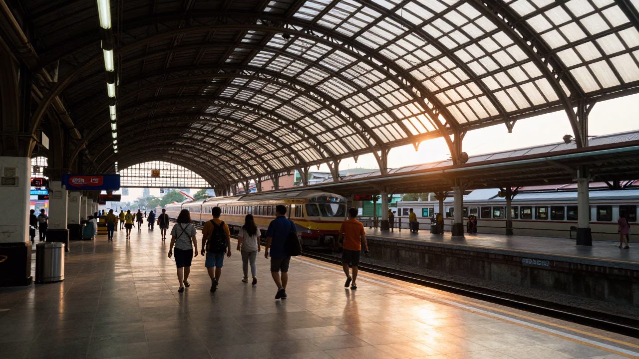 First Light Dawn at Bangkok Hua Lamphong Railway Station Arched Roof with Commuters in in Bangkok, Thailand