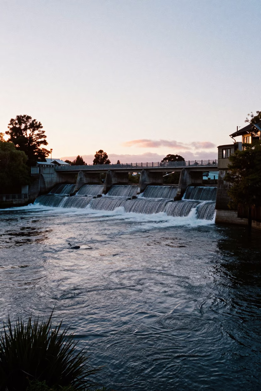 First Light Dawn at Christchurch Avon River with Dam Wall and Spillway in in Christchurch, New Zealand