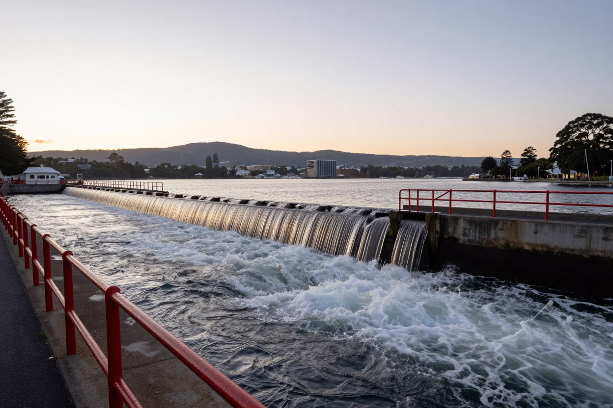 First Light Dawn at Hobart Waterfront with Spillway Chute and Turnbuckle in in Hobart, Tasmania, Australia