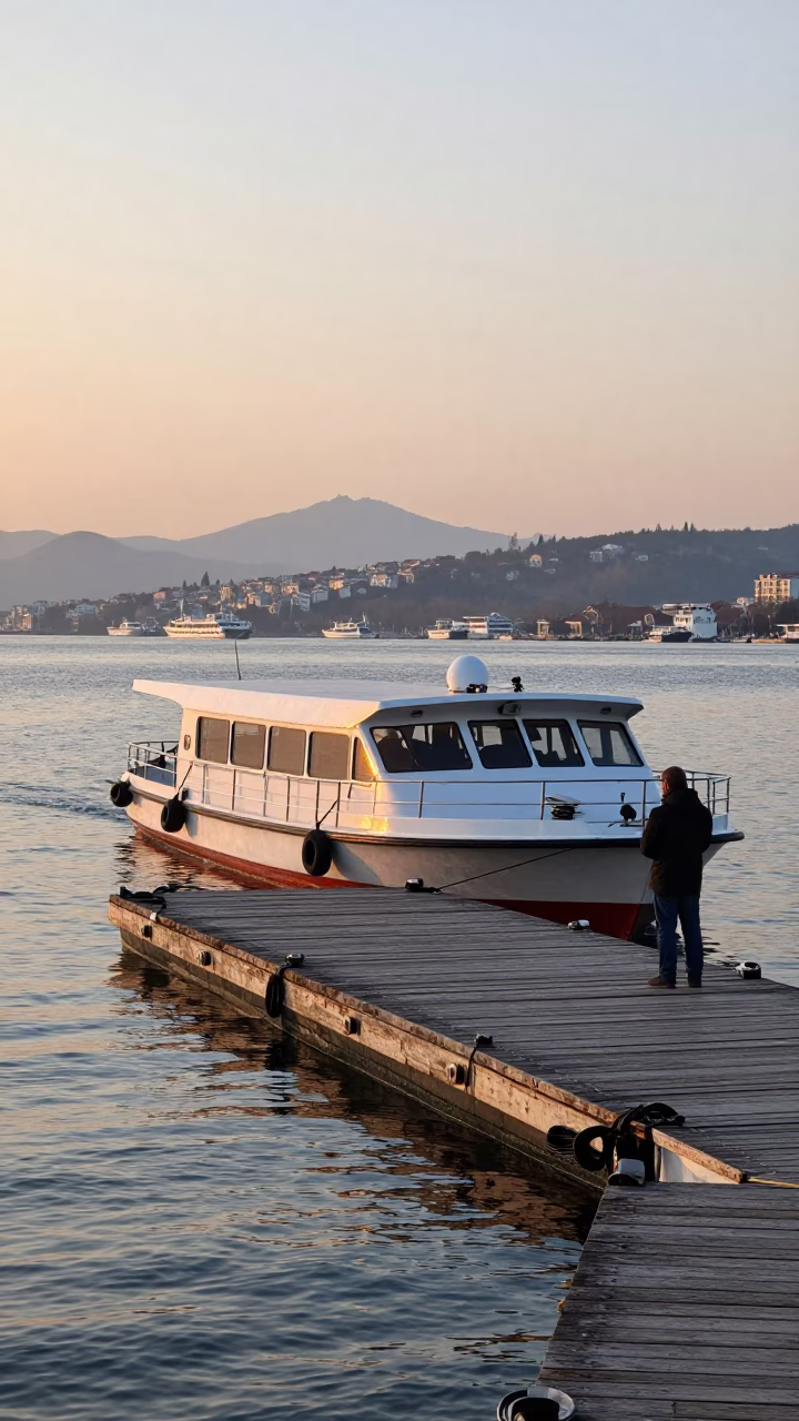 First Light Dawn at Izmir Kordon Water Taxi Dock with Cardigan Wearing Commuter in in Izmir, Turkey
