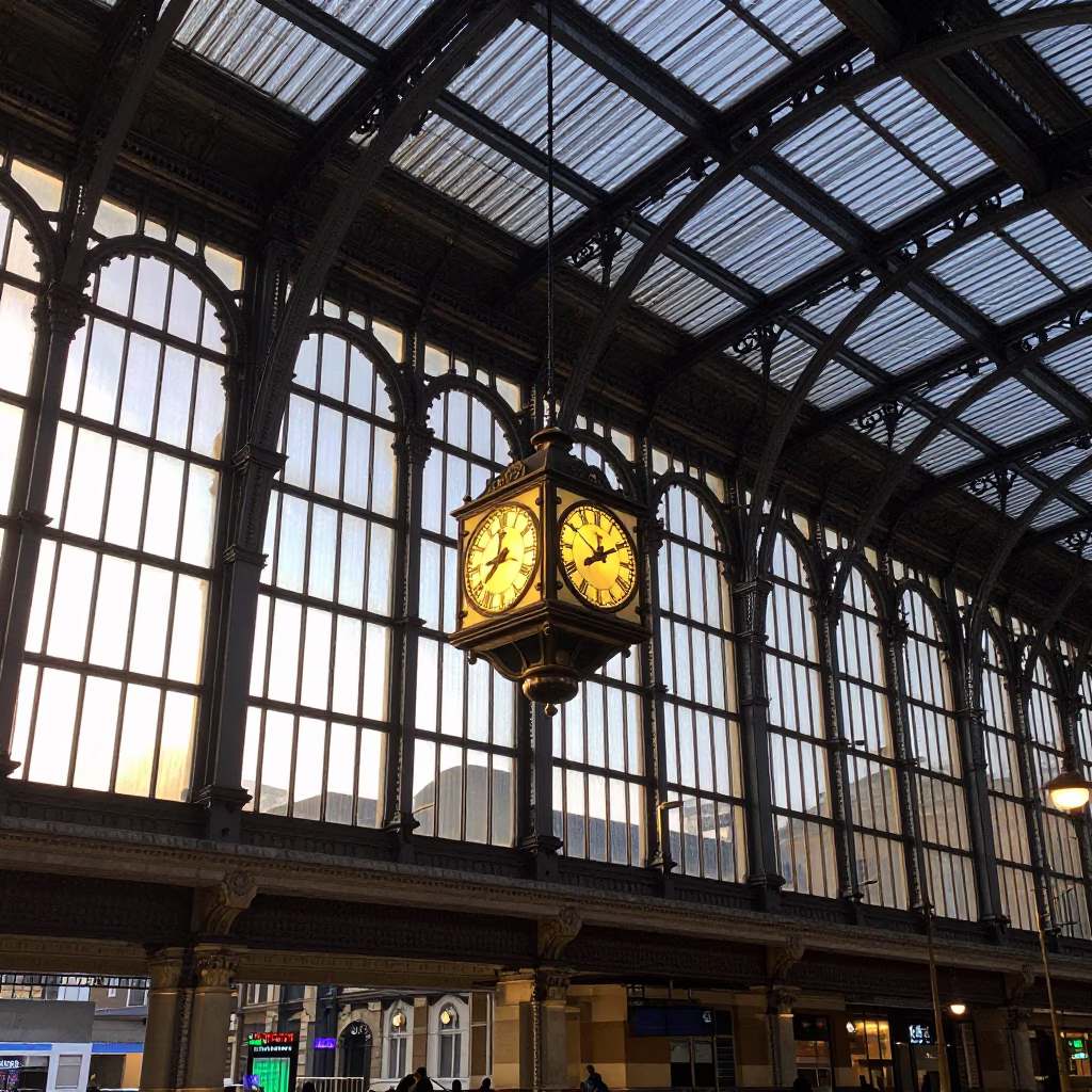 First Light Dawn at Liverpool Central Station Clock Under Iron Roof in in Liverpool, United Kingdom