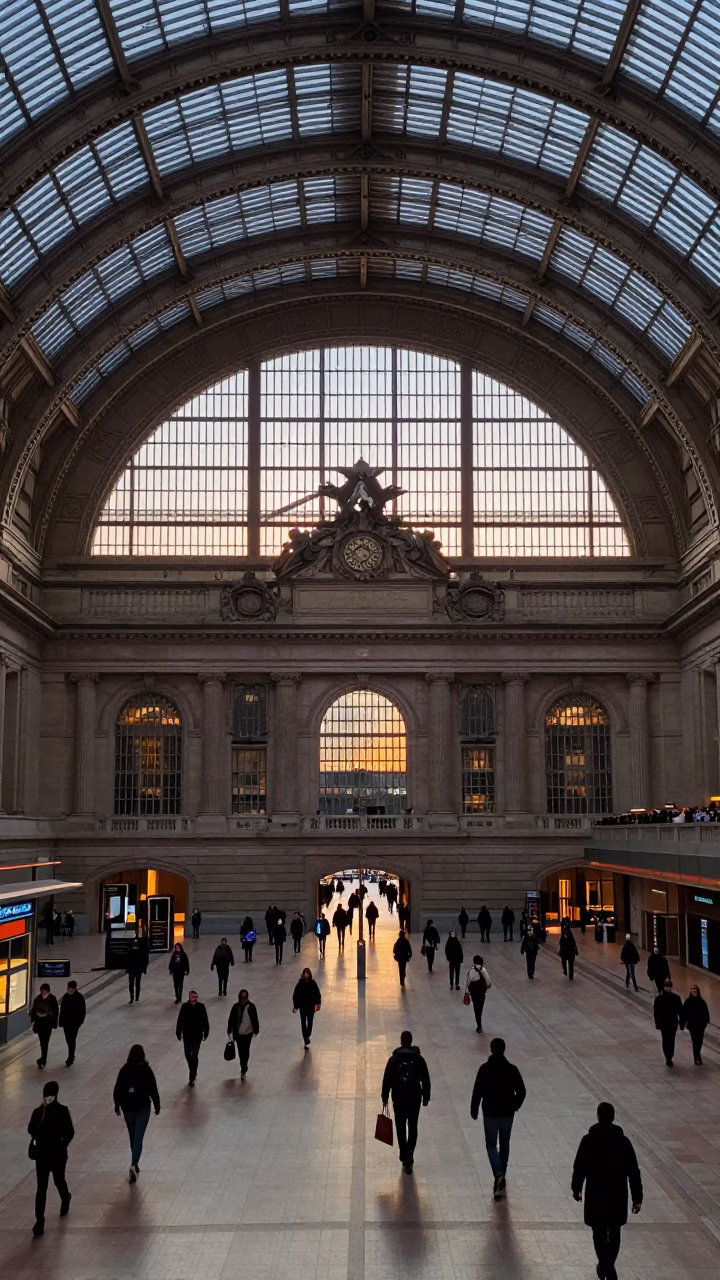 First Light Dawn at Union Station Toronto Arched Roof and Morning Commuters in in Toronto, Ontario, Canada