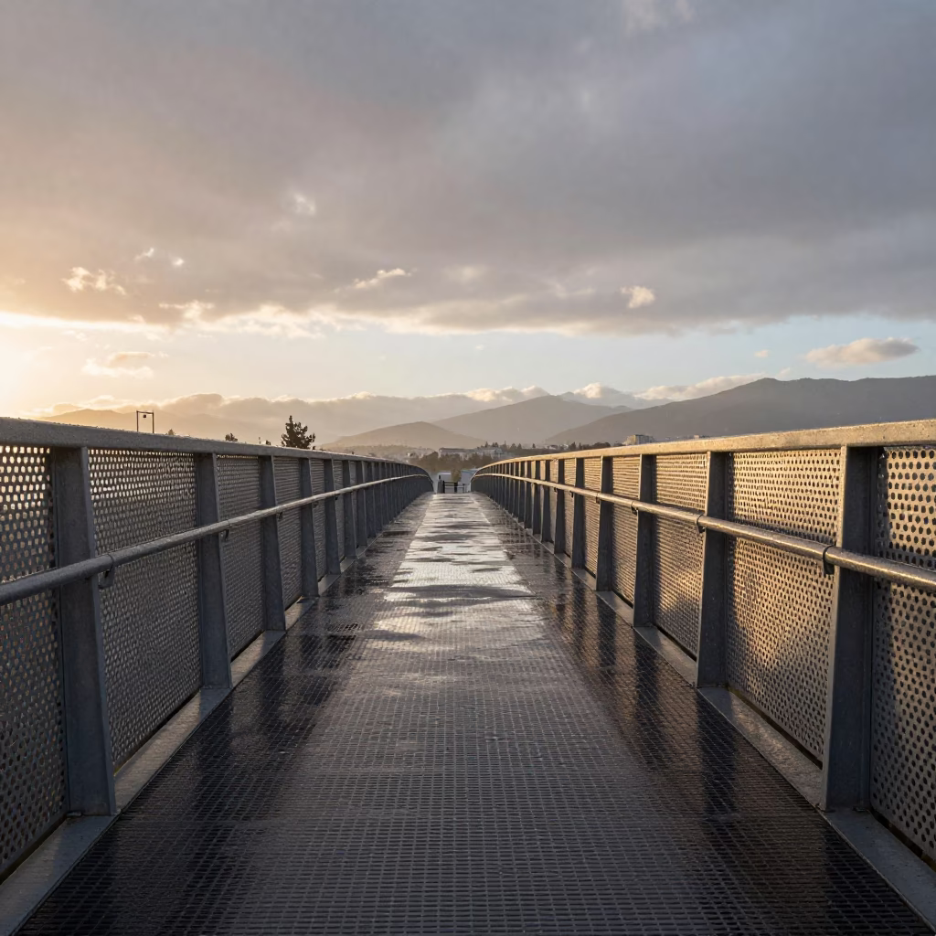 First Light Dawn Athens Greece Pedestrian Overpass Perforated Metal and Wet Footsteps in in Athens, Greece