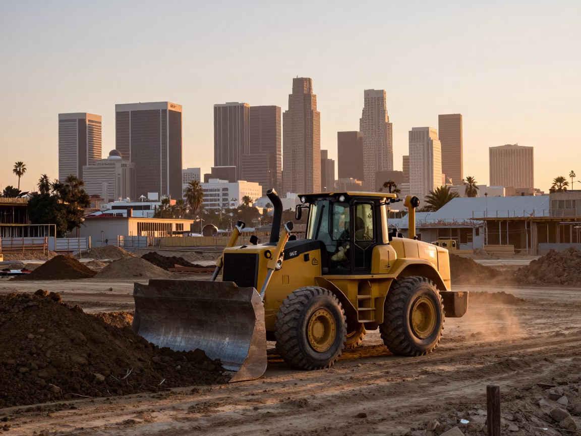 First Light Dawn Construction Site Los Angeles Bulldozer Pushing Earth on Leveled Ground in in Los Angeles, California, United States