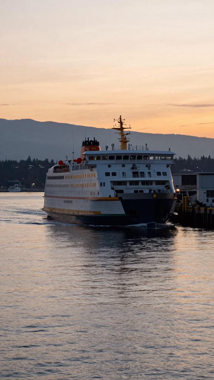 First Light Dawn Ferry Departure from Vancouver Harbor with Coastal Mountain Backdrop in in Vancouver, British Columbia, Canada