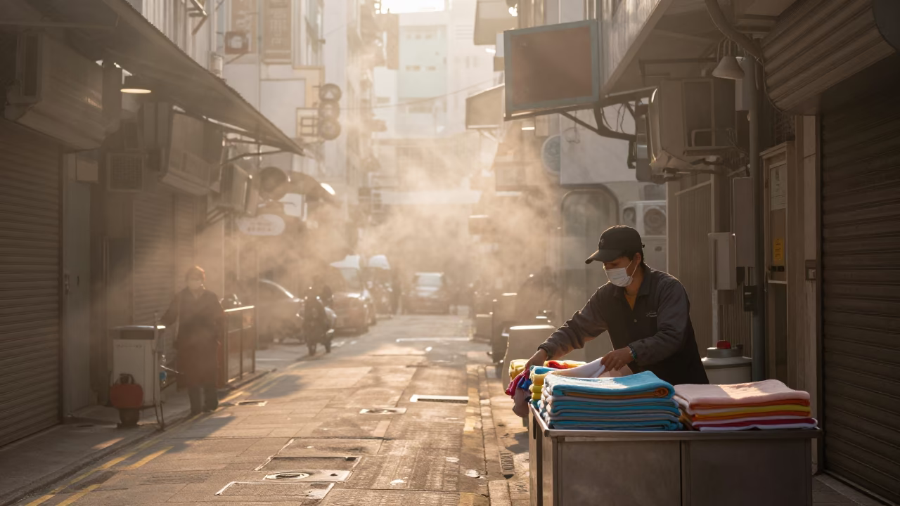 First light dawn Hong Kong street scene with steam haze and morning routine in in Hong Kong, Hong Kong