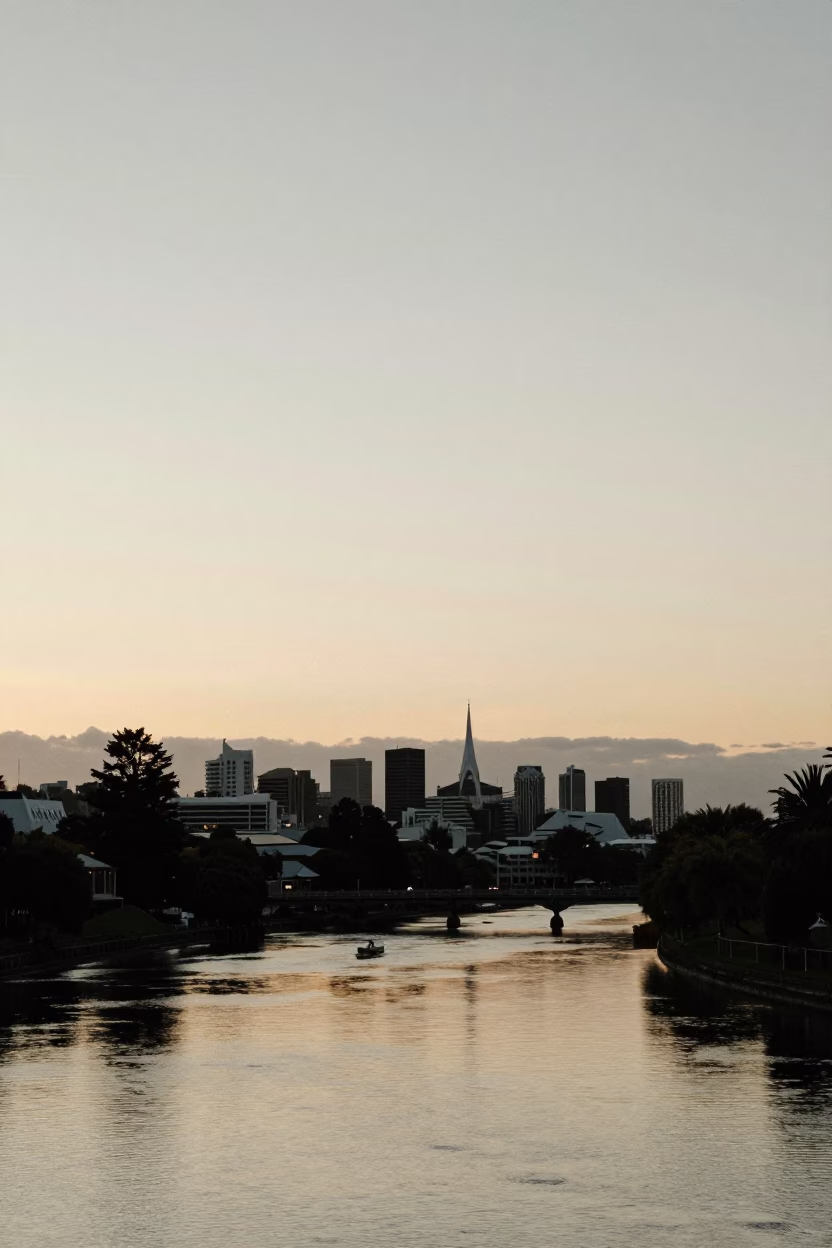 First Light Dawn Horizon Shot of Christchurch New Zealand Cityscape and River in in Christchurch, New Zealand