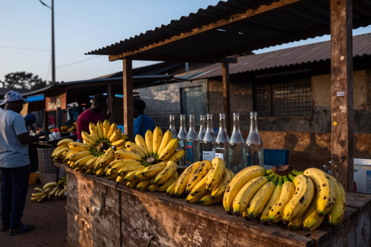 First Light Dawn in Accra Ghana Street Market Scene with Bananas and Glass Bottles in in Accra, Ghana