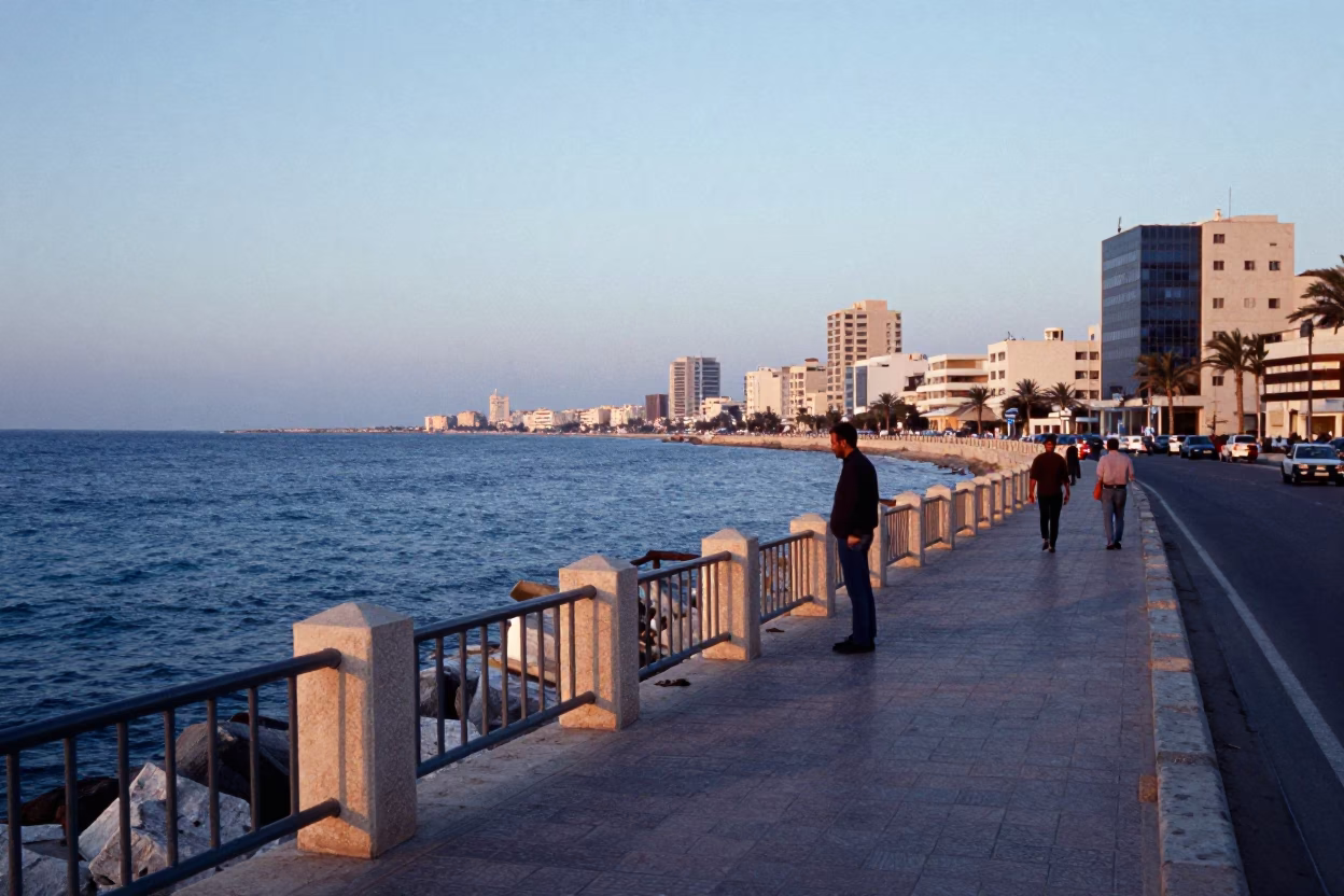 First Light Dawn in Alexandria Egypt Coastal Street Scene with Ceramic Cup in in Alexandria, Egypt
