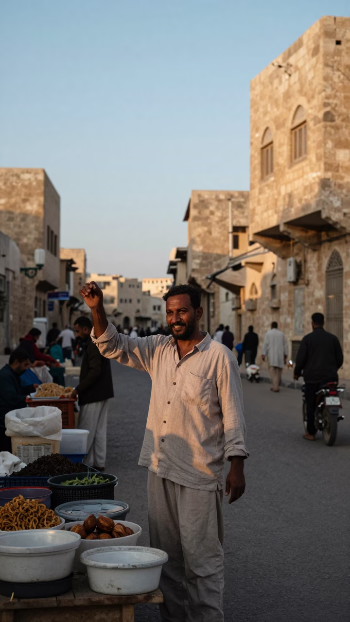 First Light Dawn in Alexandria Egypt Street Scene with Local Vendor and Brass Canisters in in Alexandria, Egypt