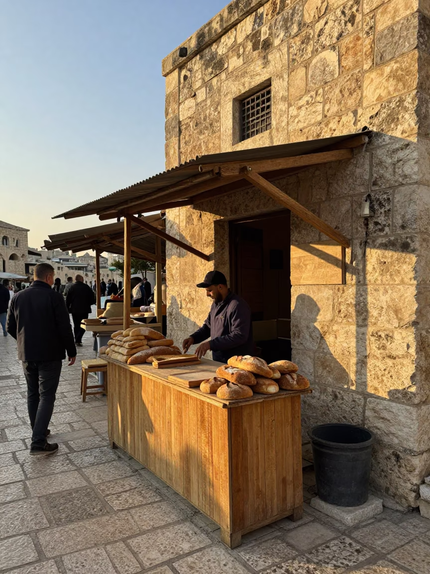 First Light Dawn in Amman Jordan Bread Stalls and Mossy Stone Walls in in Amman, Jordan