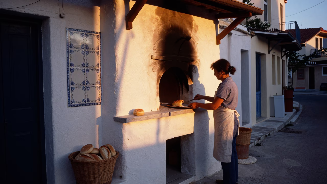 First Light Dawn in Athens Greece Ceramic Tiles and Traditional Bread Oven in in Athens, Greece