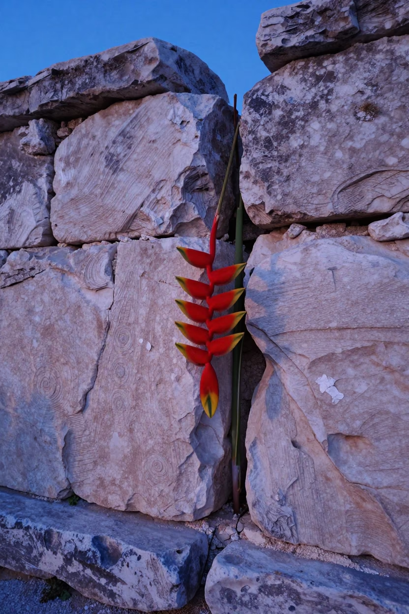 First Light Dawn in Athens Greece Heliconia Blooms and Ancient Stone in in Athens, Greece