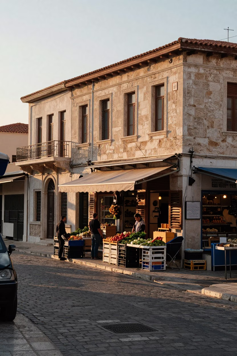 First Light Dawn in Athens Greece Street Scene with Local Market Elements in in Athens, Greece