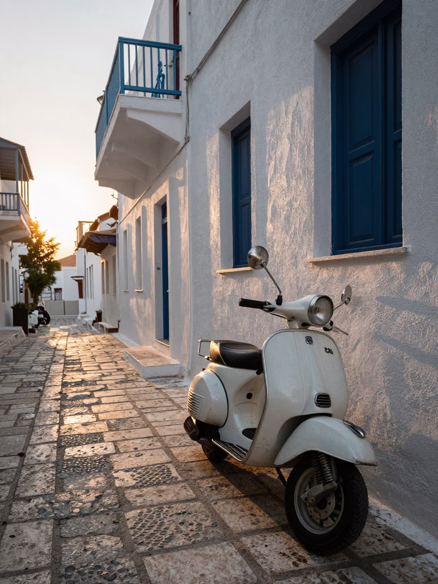 First Light Dawn in Athens Greece Street Scene with Vintage Scooter and Traditional Architecture in in Athens, Greece