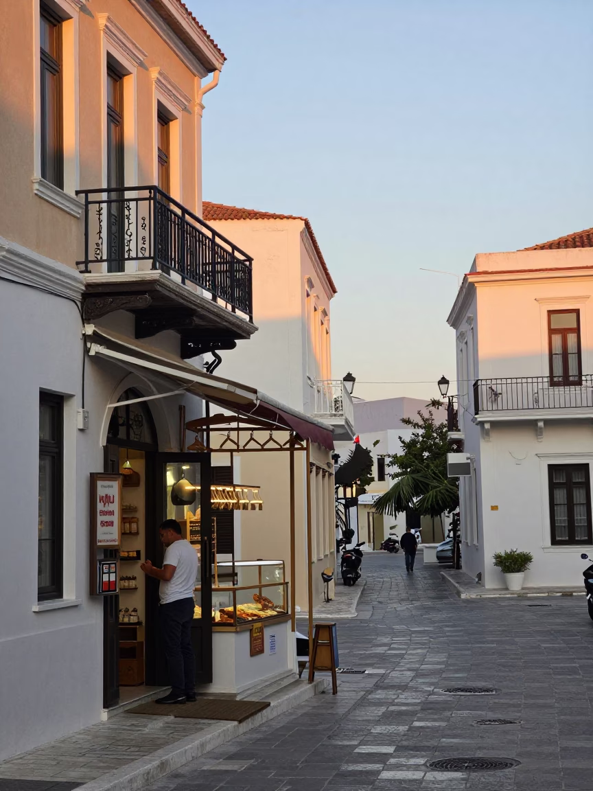 First Light Dawn in Athens Greece Street Scene with Wooden Hanger and Soap Case in in Athens, Greece