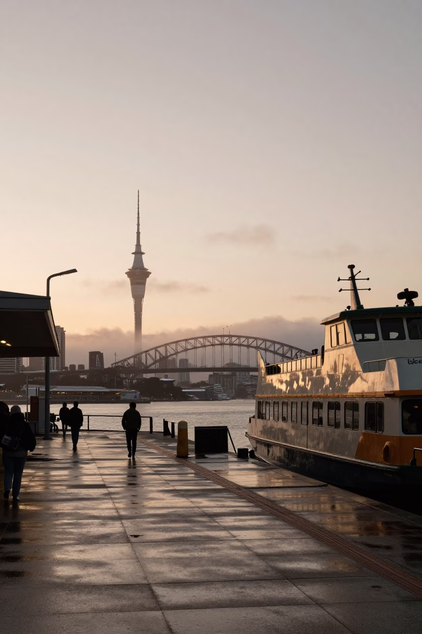First Light Dawn in Auckland New Zealand Harbor Bridge and Ferry Terminal Street Scene in in Auckland, New Zealand