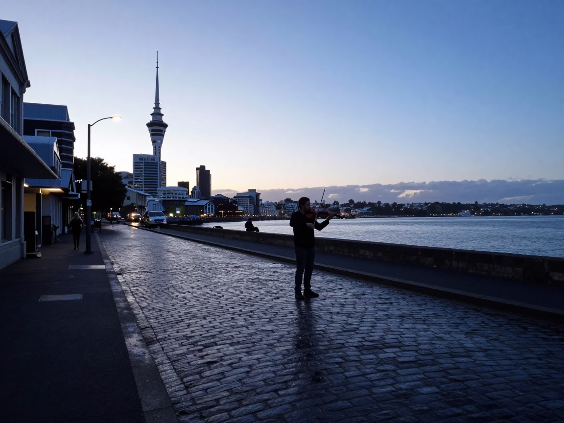 First Light Dawn in Auckland New Zealand with Violinist on Cobblestone Street in in Auckland, New Zealand