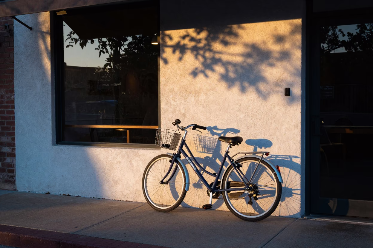 First Light Dawn in Austin Texas Bicycle Leaning Against Cafe Facade in in Austin, Texas, United States