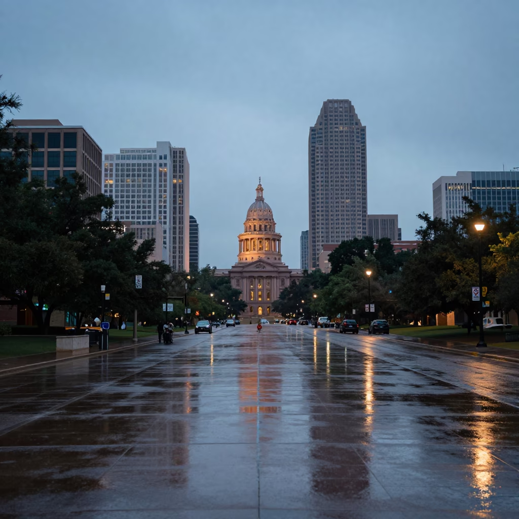 First Light Dawn in Austin Texas Downtown Skyline Reflections on Rain Wet Street in in Austin, Texas, United States