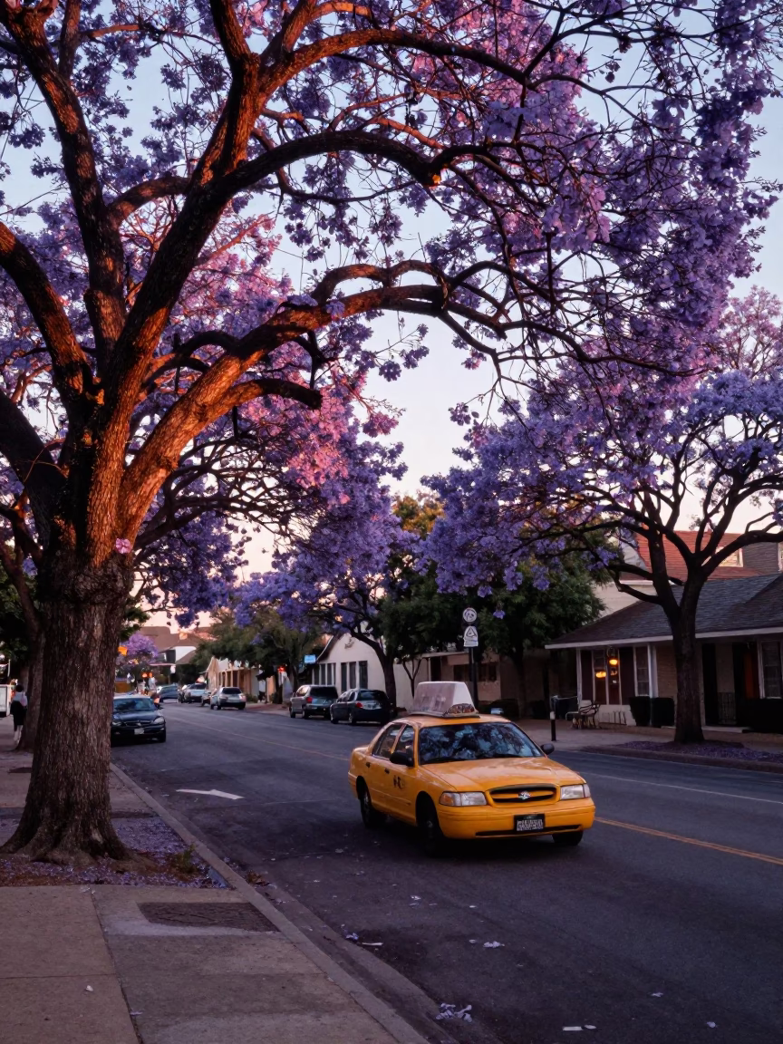 First Light Dawn in Austin Texas Jacaranda Tree Purple Bloom and Vintage Street Scene in in Austin, Texas, United States
