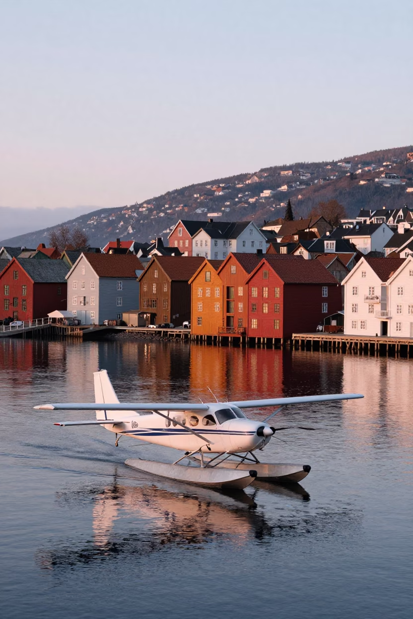 First Light Dawn in Bergen Norway Floatplane on Glassy Water in in Bergen, Norway