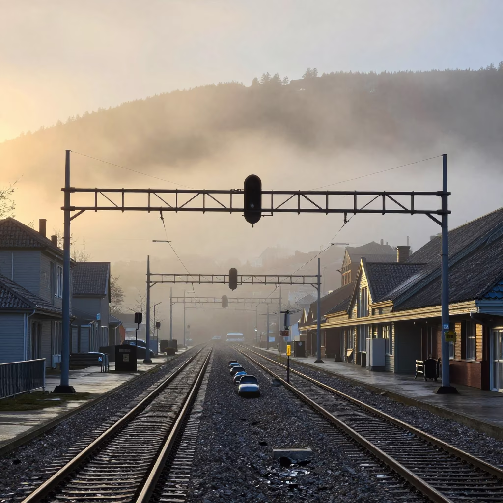 First Light Dawn in Bergen Norway Misty Signal Gantry Over Parallel Rail Lines in in Bergen, Norway