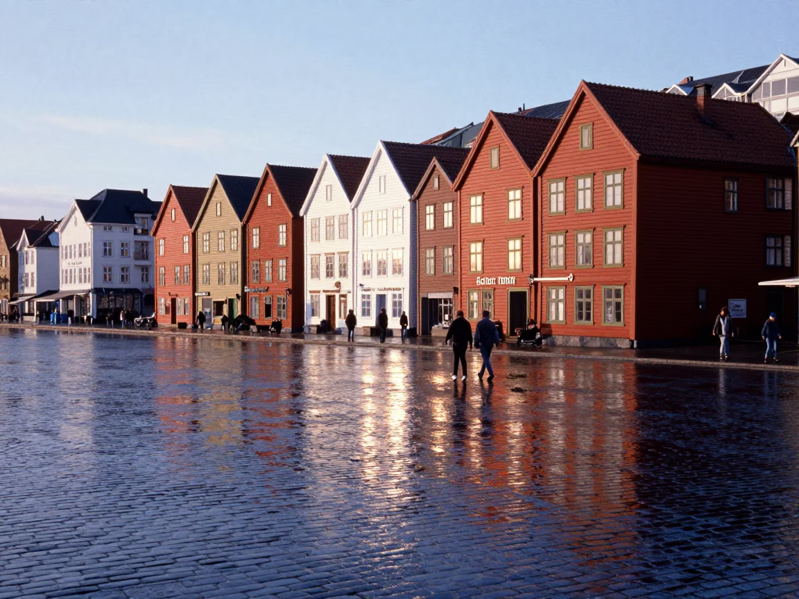 First Light Dawn in Bergen Norway Reflecting on Wet Cobblestones and Traditional Bryggen Wharf in in Bergen, Norway