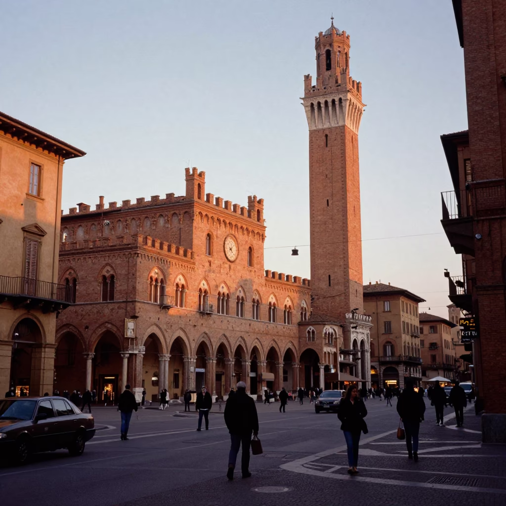 First Light Dawn in Bologna Italy Busy Street Scene with Traditional Elements in in Bologna, Italy
