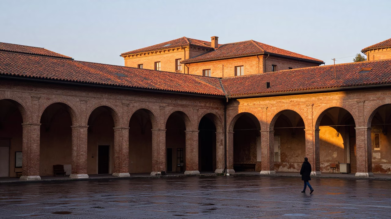 First Light Dawn in Bologna Italy Revealing Historic Porticoes and Early Morning Street Life in in Bologna, Italy