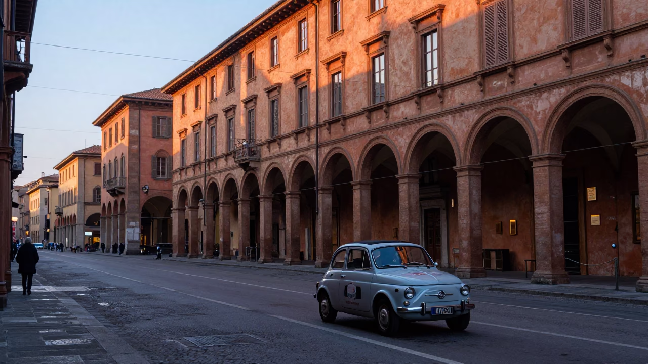 First Light Dawn in Bologna Italy Street Scene with Vintage Car and Architectural Details in in Bologna, Italy