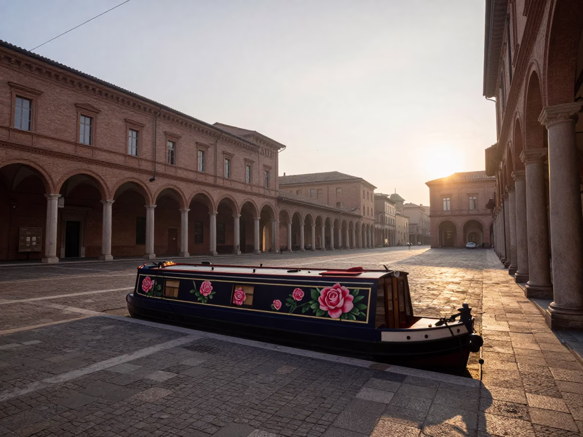 First Light Dawn in Bologna Italy with Narrowboat and Roses in in Bologna, Italy
