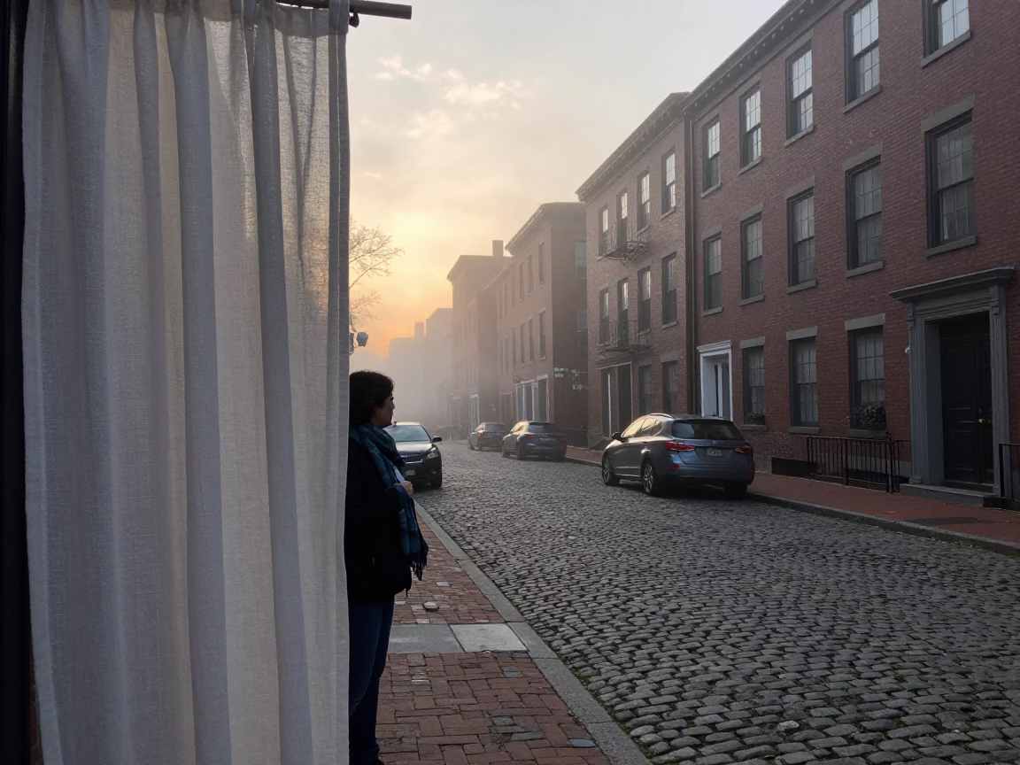 First Light Dawn in Boston Massachusetts with Scarf and Linen Curtains in in Boston, Massachusetts, United States
