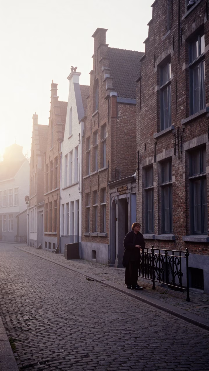 First Light Dawn in Brussels Belgium Street Scene with Stacked Plates and Arepa Tray in in Brussels, Belgium