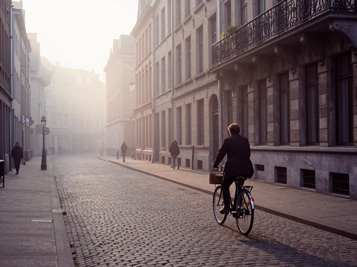 First Light Dawn in Brussels Belgium Street Scene with Vintage Bicycle and Stone Architecture in in Brussels, Belgium