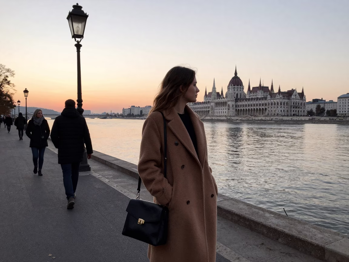 First Light Dawn in Budapest Hungary High Fashion Street Photography Candid Moment in in Budapest, Hungary
