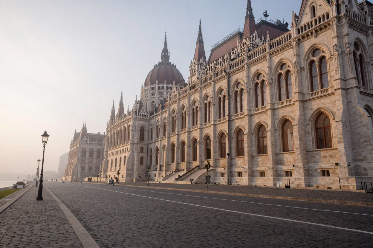 First Light Dawn in Budapest Hungary Revealing Historic Architecture and Misty Streets in in Budapest, Hungary