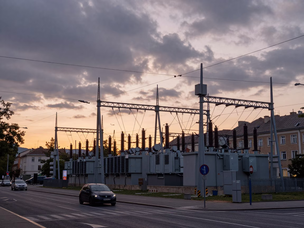 First Light Dawn in Budapest Hungary Street Scene with Substation Transformer Yard in in Budapest, Hungary