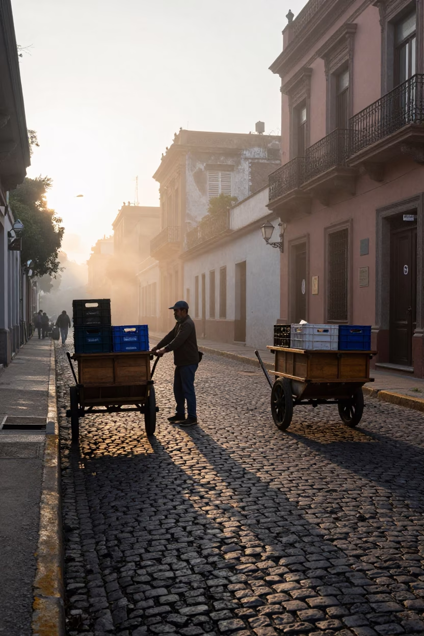 First Light Dawn in Buenos Aires Argentina Rolling Carts on Cobblestone Street in in Buenos Aires, Argentina