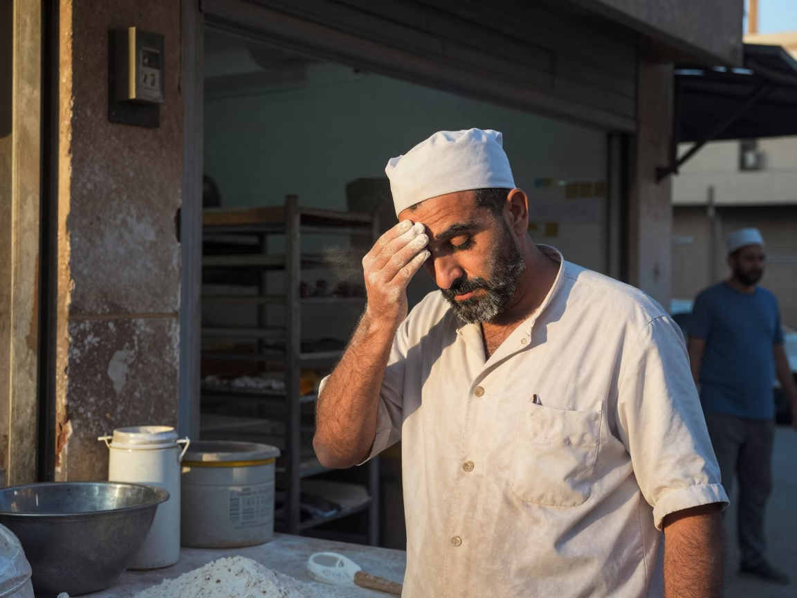 First Light Dawn in Cairo Egypt Night Shift Baker Flour Dust on Eyelashes in in Cairo, Egypt