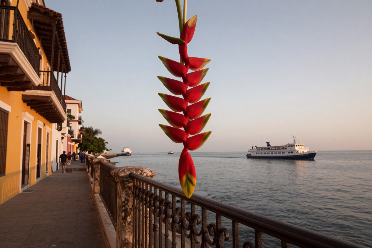 First Light Dawn in Cartagena Colombia Heliconia Blooms and Harbor Ferry with Mountains in in Cartagena, Colombia