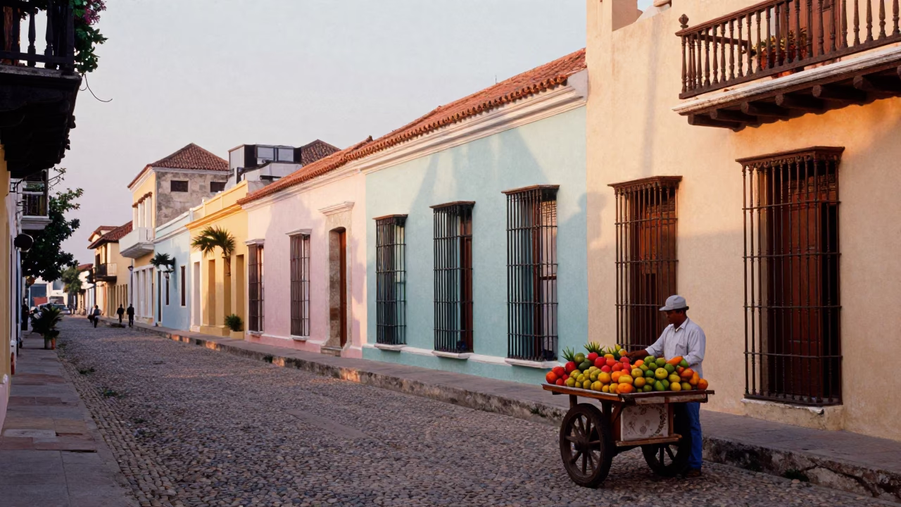 First Light Dawn in Cartagena Colombia Street Scene with Colorful Colonial Architecture in in Cartagena, Colombia