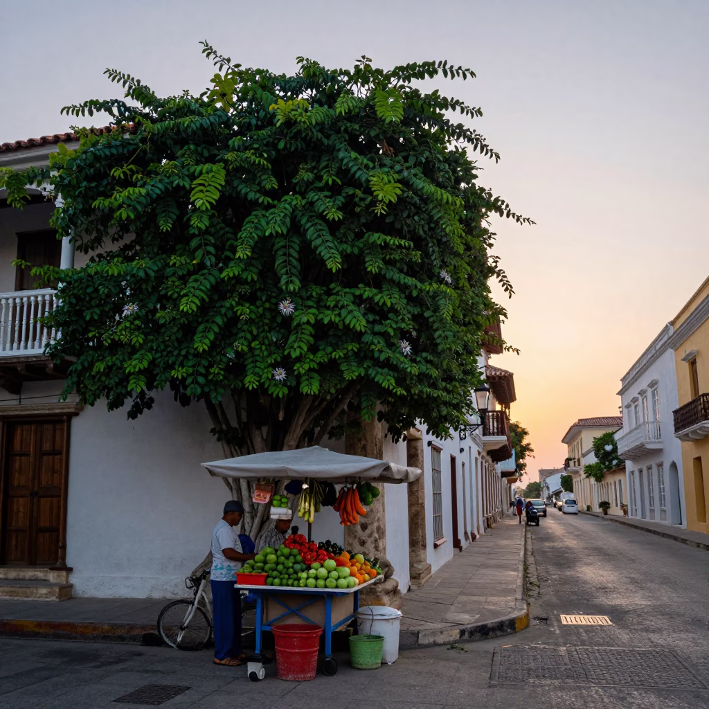 First Light Dawn in Cartagena Colombia Street Scene with Passion Flower in in Cartagena, Colombia