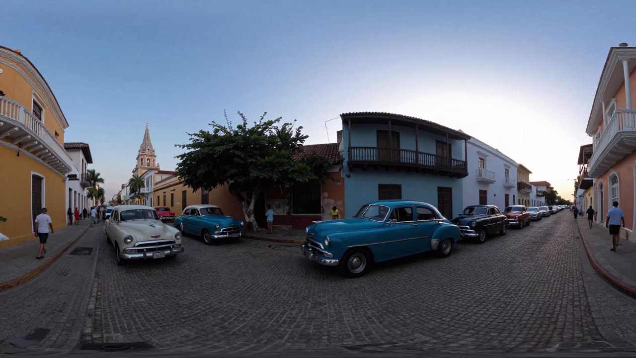 First Light Dawn in Cartagena Colombia Vintage Car Rally and Street Life in in Cartagena, Colombia