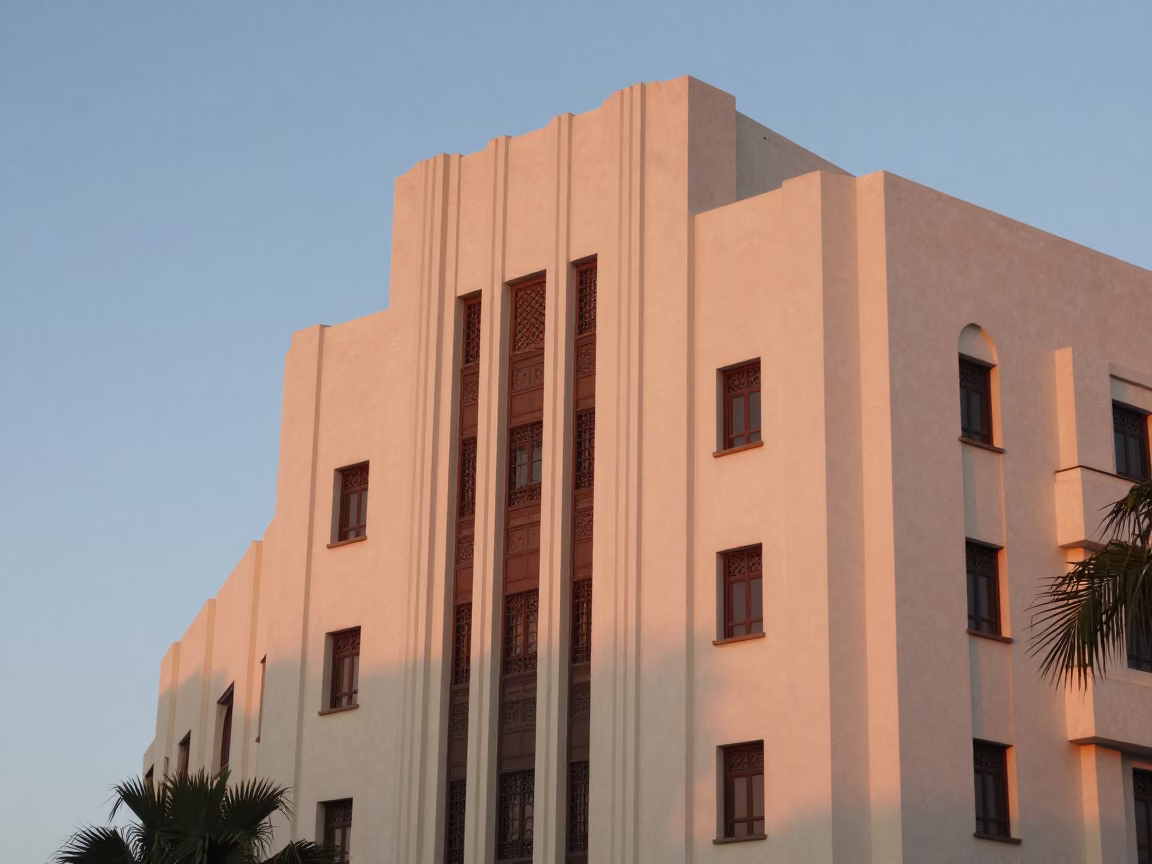 First Light Dawn in Casablanca Morocco Art Deco Hotel Facade and Street Life in in Casablanca, Morocco