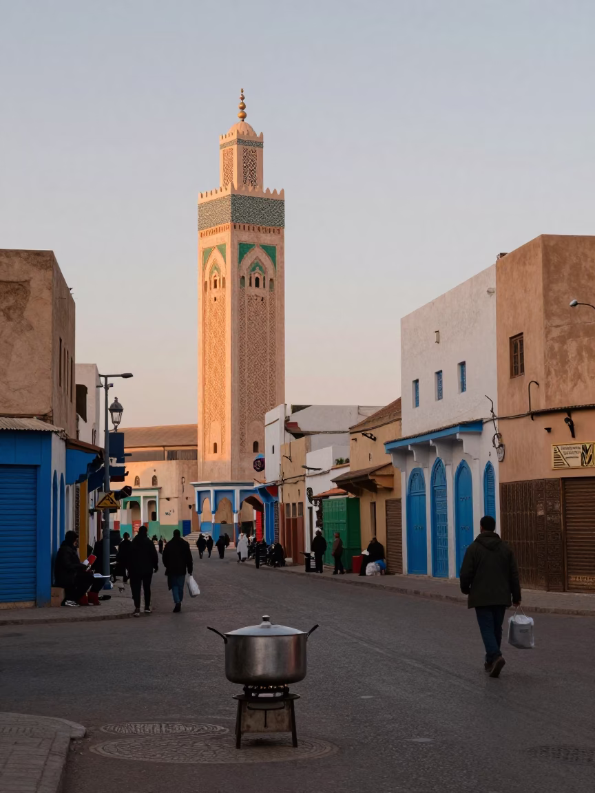 First Light Dawn in Casablanca Morocco Street Scene with Colorful Details in in Casablanca, Morocco
